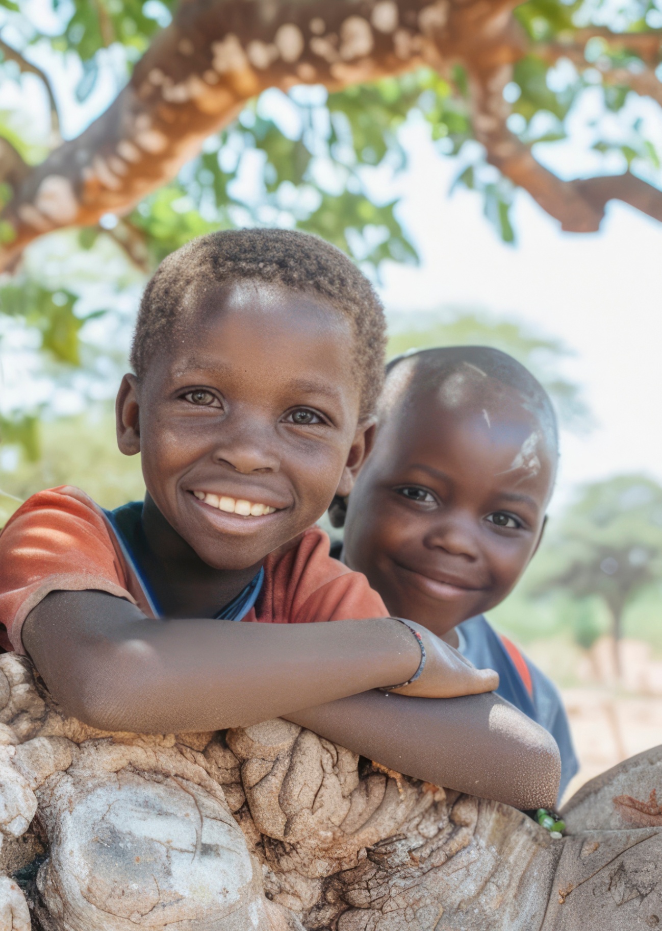 Two children smiling warmly under a tree